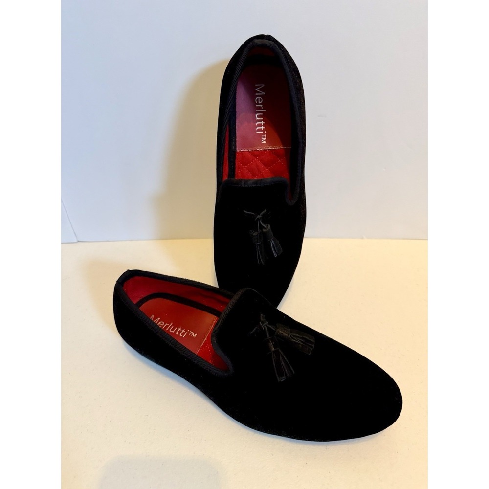 Merlutti handmade black velvet tassel men's smoking loafers size 8 wedding prom